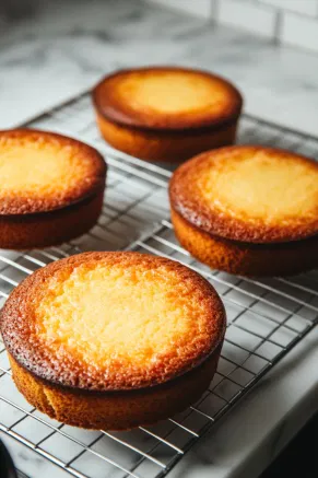 Baked cakes are cooling on a wire rack over the white marble cooktop, with their golden edges perfectly risen and the pans removed.