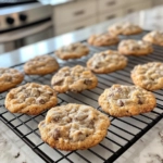 Freshly baked shortbread cookies are cooling on a black wire rack placed over the white marble cooktop, ready to be enjoyed.