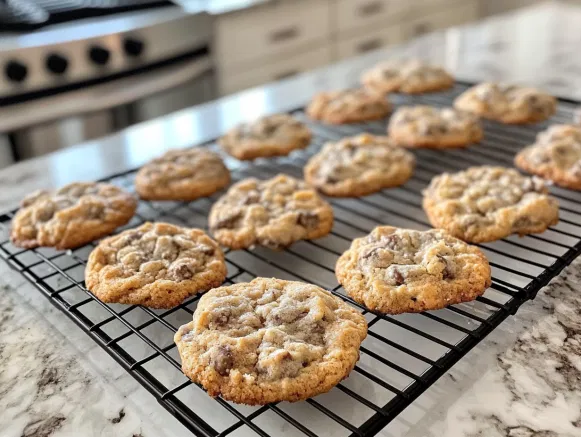 Freshly baked shortbread cookies are cooling on a black wire rack placed over the white marble cooktop, ready to be enjoyed.