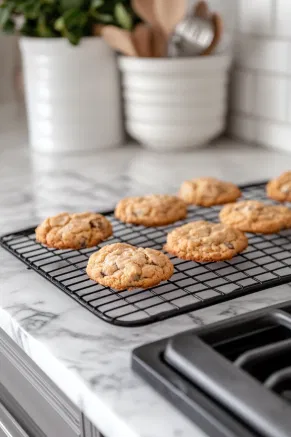 Freshly baked shortbread cookies are cooling on a black wire rack placed over the white marble cooktop, ready to be enjoyed.