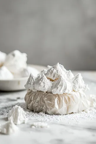 The chilled, unwrapped pandoro sits on the white marble cooktop, now covered with the prepared meringue. The meringue forms a snowy, festive layer over the entire cake, giving it a light and decorative appearance.