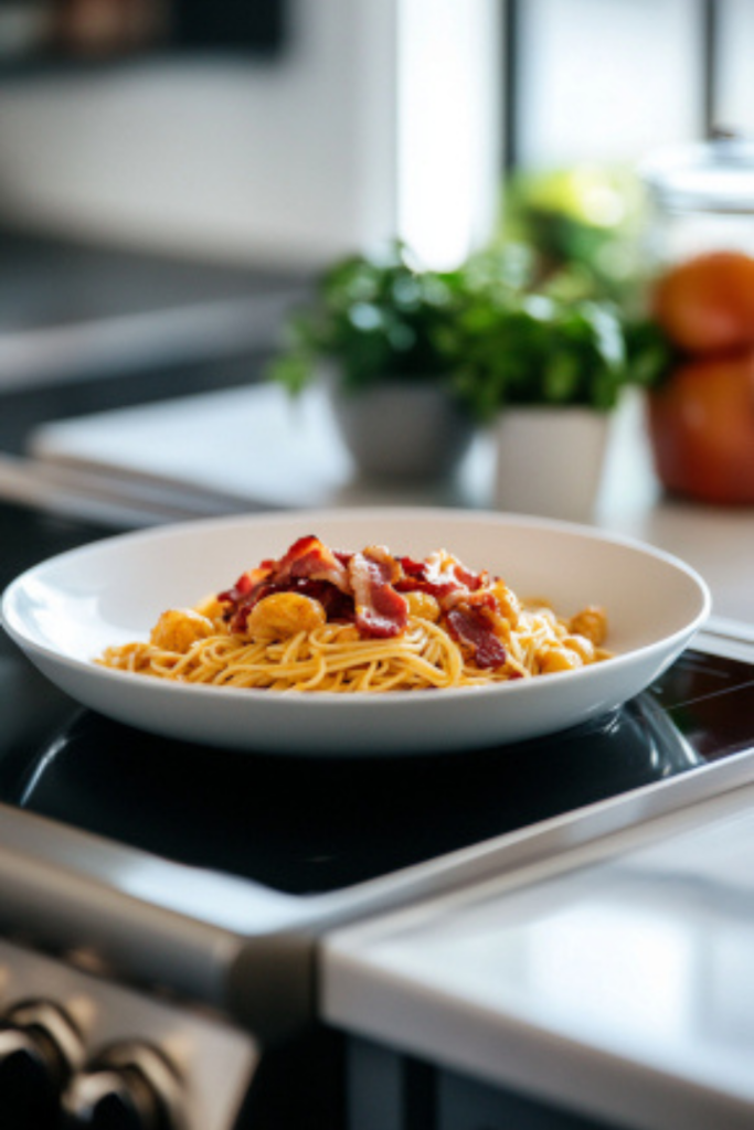 Cowboy Pasta is served hot on a plate over the white marble cooktop, garnished with extra bacon pieces for a perfect finishing touch.