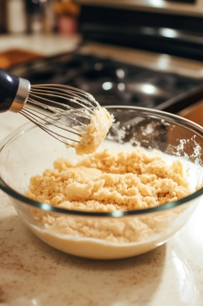 A large glass mixing bowl sits on the white marble cooktop. Inside, softened butter and sugar are being beaten with a hand mixer, creating a light and fluffy texture as the base for the cookie dough.