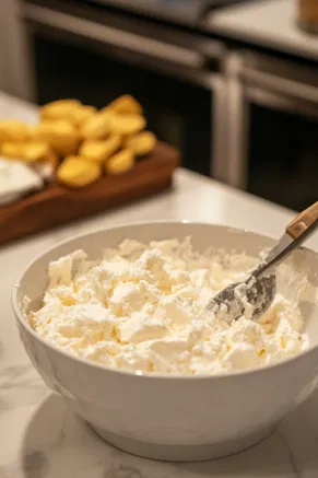 A mixing bowl on a white marble cooktop showing cream cheese and powdered sugar being blended, with a spatula scraping down the sides of the bowl.