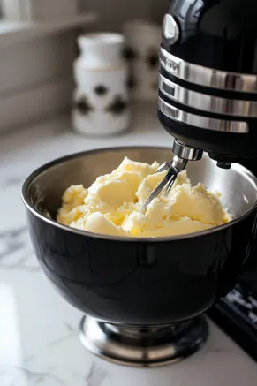 A black stand mixer bowl on a white marble cooktop with unsalted butter and vanilla extract being creamed together using the paddle attachment. The mixture is fluffy and pale.