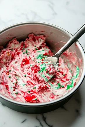 A prepared pan rests on a white marble cooktop, with spoonfuls of plain white, red, and green fudge arranged randomly. A butter knife swirls the colors together gently, creating a marbled holiday pattern. Sprinkles are scattered on top, adding a decorative touch.