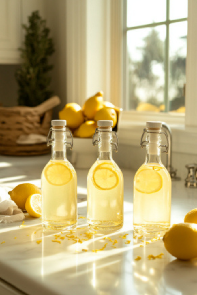 Lemon-infused Everclear being poured through a fine mesh sieve into the cooled milk mixture on a white marble cooktop, with a decorative bottle prepared for filling placed to the side.