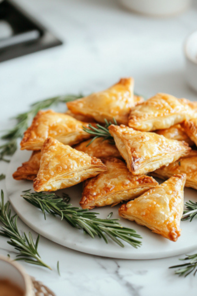 Crispy, golden-brown parcels arranged on a platter, garnished with sprigs of fresh rosemary, displayed on the white marble cooktop.