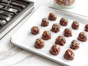 Baking sheets on the white marble cooktop as each cluster is topped with festive holiday sprinkles. The colorful sprinkles beautifully contrast with the glossy chocolate candy