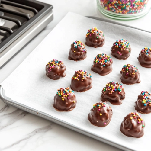 Baking sheets on the white marble cooktop as each cluster is topped with festive holiday sprinkles. The colorful sprinkles beautifully contrast with the glossy chocolate candy