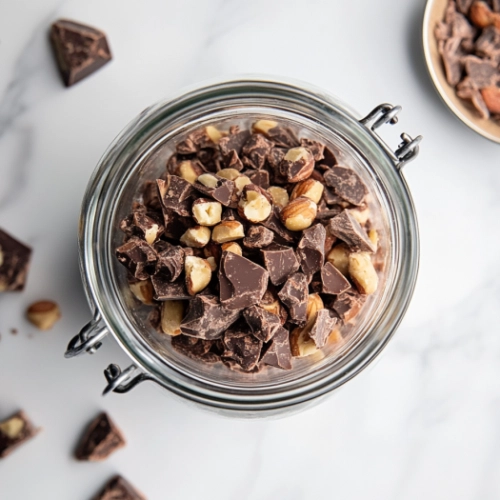 A glass jar filled with chocolate peanut clusters on the white marble cooktop, with a few clusters scattered nearby, ready to be shared as a delightful treat.