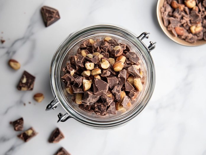 A glass jar filled with chocolate peanut clusters on the white marble cooktop, with a few clusters scattered nearby, ready to be shared as a delightful treat.