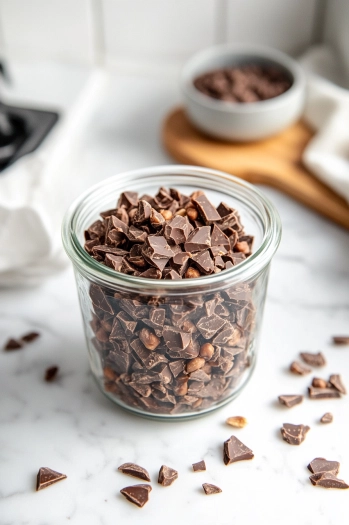 A glass jar filled with chocolate peanut clusters on the white marble cooktop, with a few clusters scattered nearby, ready to be shared as a delightful treat.