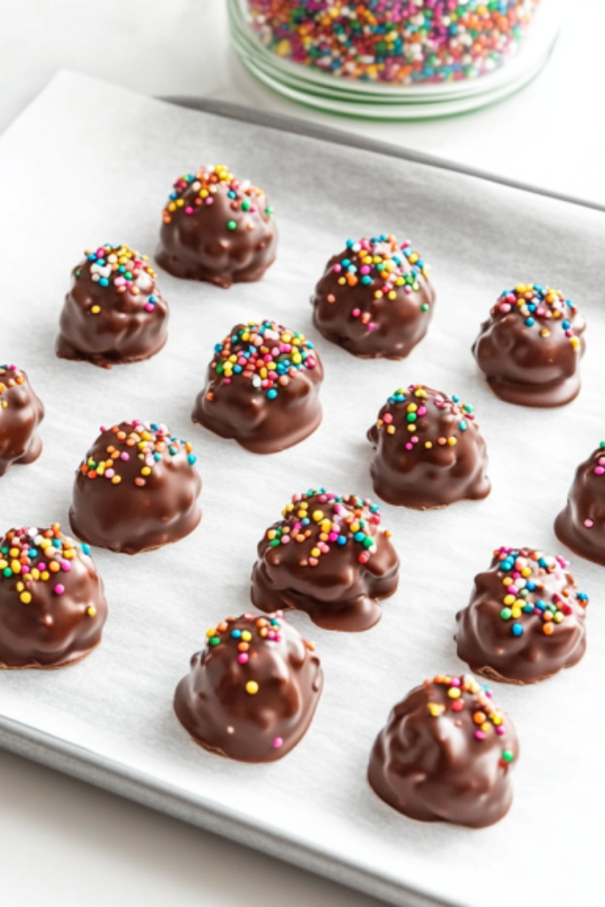 Baking sheets on the white marble cooktop as each cluster is topped with festive holiday sprinkles. The colorful sprinkles beautifully contrast with the glossy chocolate candy