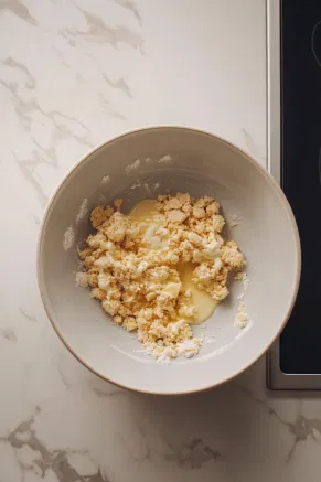 A bowl on the white marble countertop containing ginger nut biscuits being mixed with melted butter to form a crumbly base.