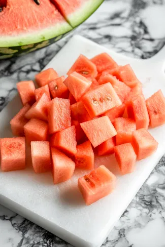 A cutting board on the white marble countertop with a 5-pound watermelon being cubed into small pieces, ready for blending.