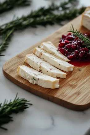 Brie being sliced into equal pieces on a wooden cutting board set on a white marble cooktop, with small bowls of cranberry sauce and chopped rosemary nearby.