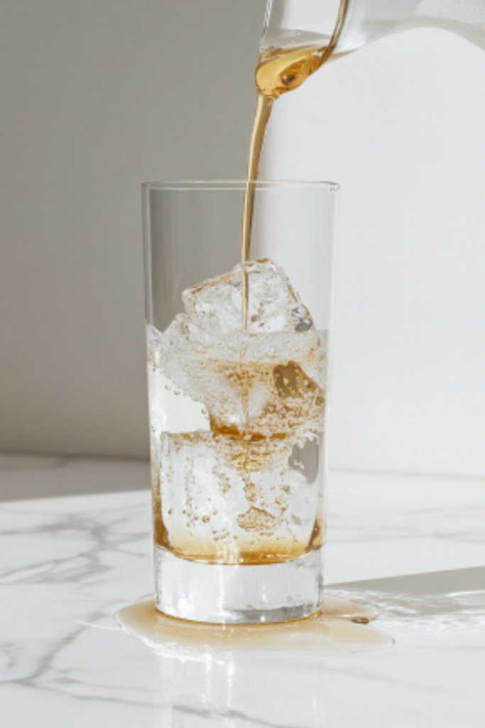 A tall glass filled with ice cubes and freshly poured oat milk, topped with a decorative drizzle of maple syrup, resting on a spotless white marble counter.