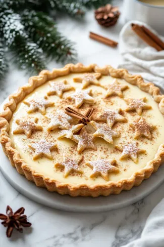 The finished tart rests on the white marble cooktop, its surface adorned with pastry stars lightly dusted with icing sugar and cinnamon. The tart’s creamy custard filling and festive decorations make it ready to be sliced and enjoyed.