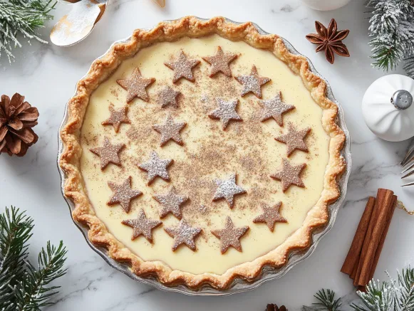 The finished tart rests on the white marble cooktop, its surface adorned with pastry stars lightly dusted with icing sugar and cinnamon. The tart’s creamy custard filling and festive decorations make it ready to be sliced and enjoyed.