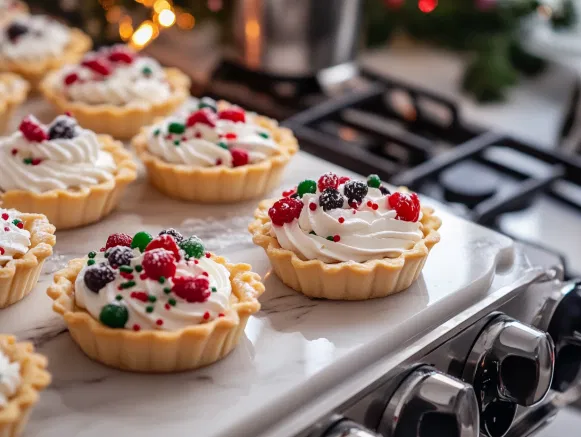 Completed Christmas dessert tarts on the white marble countertop, beautifully decorated with whipped cream, fruit, and festive sprinkles.