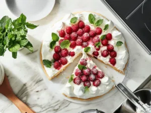 The completed pavlova on the white marble cooktop, garnished with mint leaves and a dusting of icing sugar. Slices reveal the crispy meringue shell with creamy, fruit-filled center, ready to serve.