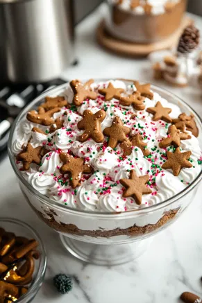 The completed trifle sits on the white marble cooktop as gingerbread cookies and festive sprinkles are arranged on top, adding holiday charm and visual appeal just before serving.