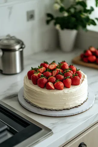 The cake, garnished with fresh strawberries on top, rests on the white marble cooktop before being placed in the fridge to chill.