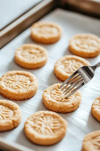 A fork is gently pressing patterns onto the top of each shortbread slice, all resting on the baking sheet over the white marble cooktop.