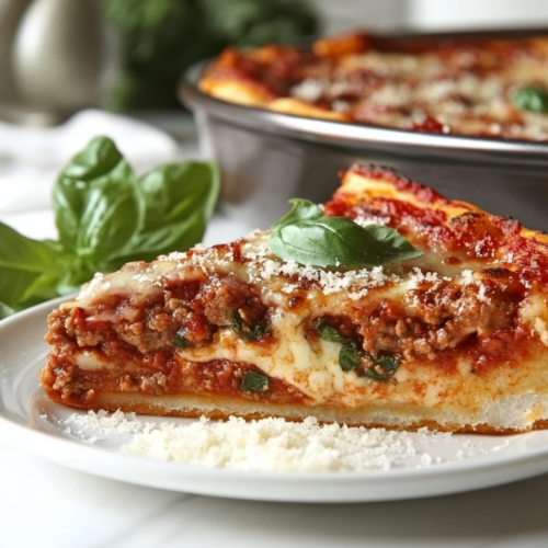 A slice of deep-dish pizza served on a plate on a white marble cooktop, with fresh basil leaves and grated parmesan cheese adding a final touch for presentation.