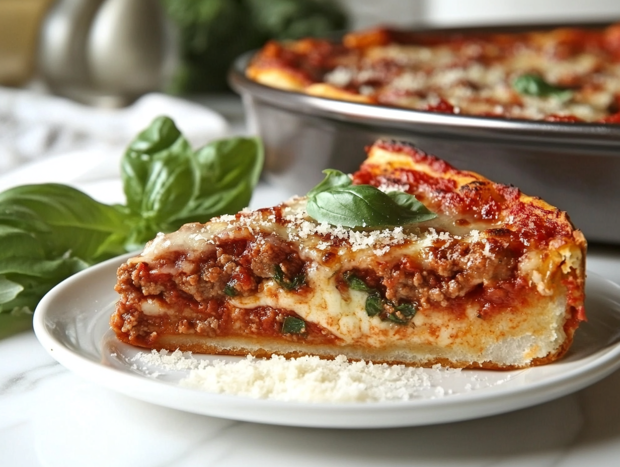 A slice of deep-dish pizza served on a plate on a white marble cooktop, with fresh basil leaves and grated parmesan cheese adding a final touch for presentation.