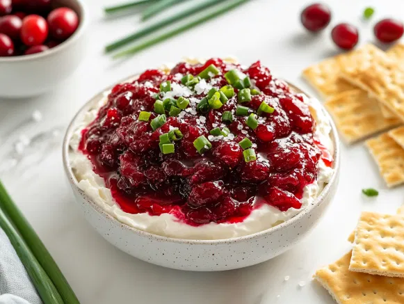 The strained cranberry mixture layered over the cream cheese base on a serving platter, garnished with green onion greens, flaky sea salt, and a drizzle of honey, accompanied by crackers on the white marble cooktop.