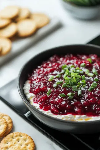 The strained cranberry mixture layered over the cream cheese base on a serving platter, garnished with green onion greens, flaky sea salt, and a drizzle of honey, accompanied by crackers on the white marble cooktop.