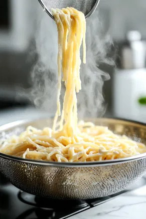 Cooked pasta is being poured into a colander over the white marble cooktop, with steam rising as it drains completely.