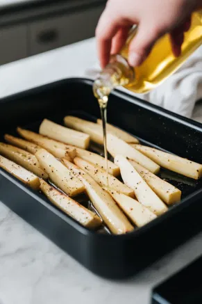 Neutral oil is being drizzled evenly over the parsnips in a black roasting tin on the white marble cooktop. A hand gently tosses the parsnips to ensure they are evenly coated.