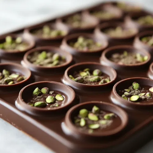 The filled molds placed back in the fridge on the white marble cooktop to set for at least 20 minutes. Once set, the chocolate cups are carefully removed from the molds, ready to be enjoyed