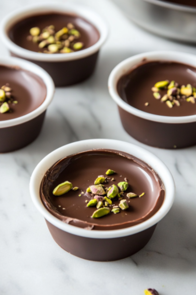 The filled molds placed back in the fridge on the white marble cooktop to set for at least 20 minutes. Once set, the chocolate cups are carefully removed from the molds, ready to be enjoyed