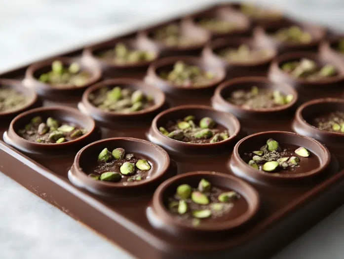 The filled molds placed back in the fridge on the white marble cooktop to set for at least 20 minutes. Once set, the chocolate cups are carefully removed from the molds, ready to be enjoyed