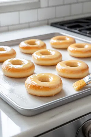 The boiled bagels are arranged on prepared baking sheets on the white marble cooktop. A pastry brush is used to coat each bagel with egg wash, ensuring a golden finish during baking.