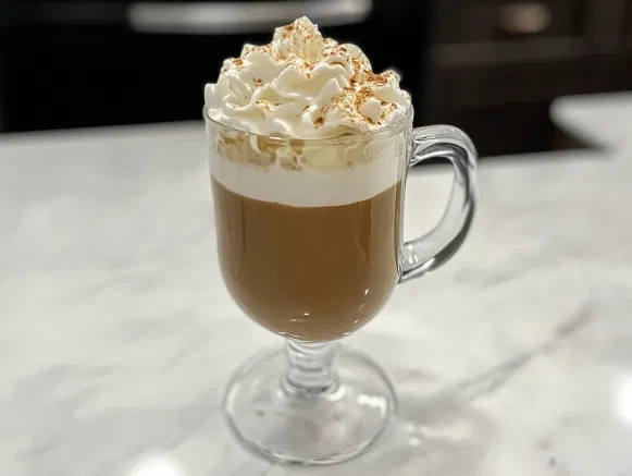 The finished frozen Irish coffee on the white marble countertop, garnished and ready to serve as a luxurious dessert beverage.