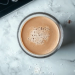 The completed mocha smoothie served on the white marble countertop, ready to savor as a refreshing breakfast or dessert.