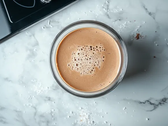 The completed mocha smoothie served on the white marble countertop, ready to savor as a refreshing breakfast or dessert.