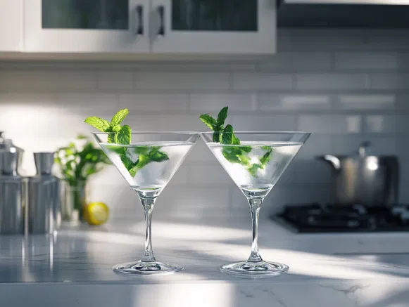 The two martini glasses, now filled with the freshly prepared cocktail, are ready to be enjoyed on the white marble cooktop. The peppermint garnish adds an inviting touch, enhancing the refreshing, minty experience.