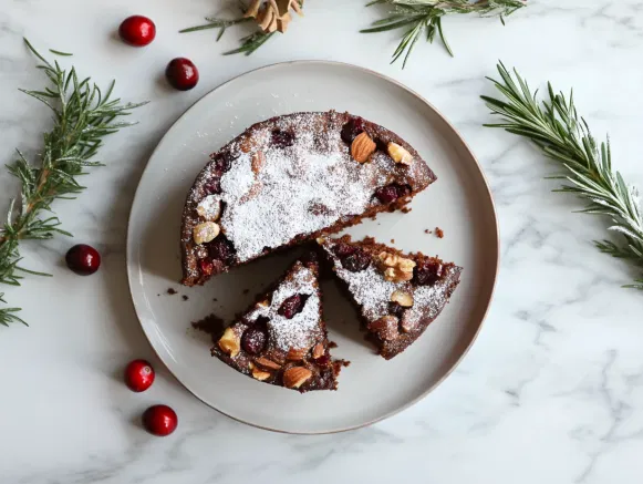 The finished cake is served on a festive plate, with slices that reveal dark, rich layers of fruit and nuts. The cake is lightly dusted with powdered sugar and surrounded by rosemary sprigs and red cranberries, creating a beautiful, holiday-ready presentation on the cooktop.