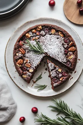 The finished cake is served on a festive plate, with slices that reveal dark, rich layers of fruit and nuts. The cake is lightly dusted with powdered sugar and surrounded by rosemary sprigs and red cranberries, creating a beautiful, holiday-ready presentation on the cooktop.