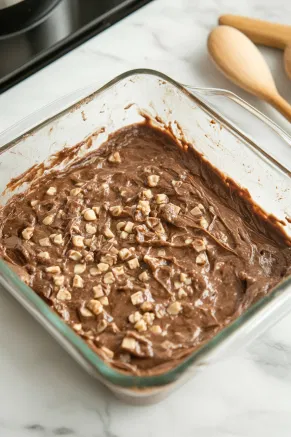 Thick batter being spread evenly into a prepared baking dish on the white marble countertop, ready for baking.