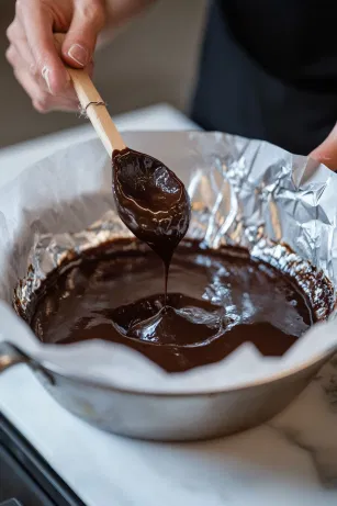 The pudding mixture is spooned into the greased basin on the white marble cooktop and pressed down firmly to eliminate air pockets. The basin is covered with greaseproof paper and foil, secured with string, and a makeshift handle is created for easy lifting during the steaming process.