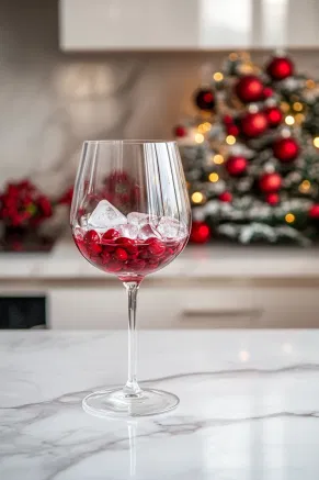 A red wine glass or tall glass on the white marble cooktop is filled with ice, preparing it to hold a refreshing holiday drink.