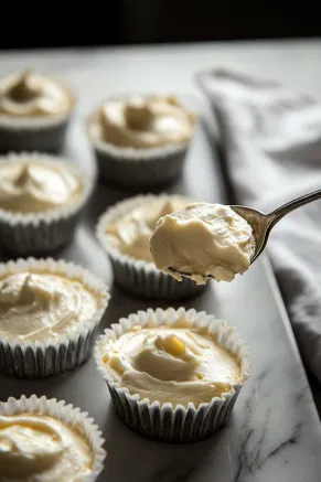 The prepared muffin cups on the white marble cooktop, filled 3/4 full with the cream cheese mixture, a spoon poised above one cup.