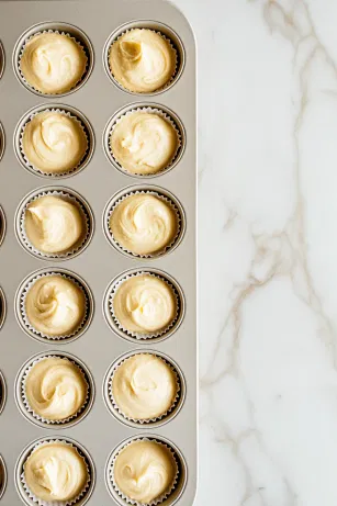 A muffin pan on the white marble cooktop, with each liner filled about 2/3 full with the spiced batter, is ready to be placed in the oven. The batter is set to bake into soft, golden-brown cupcakes, with a bake time of 19-21 minutes.